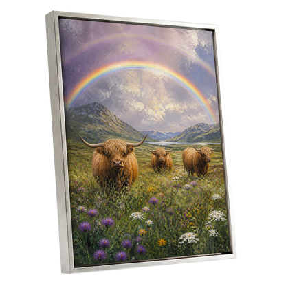 Highland Rainbow Herd, green, brown, purple nature wall art shown as a silver framed canvas wall art