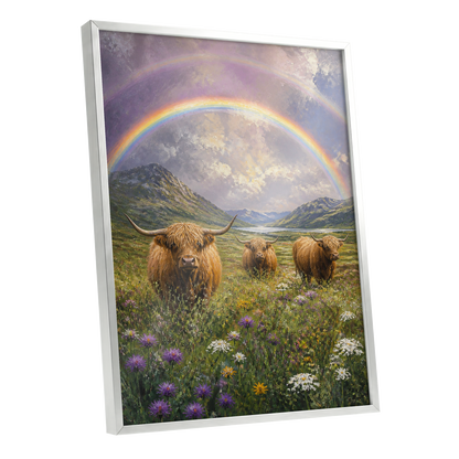Highland Rainbow Herd, green, brown, purple nature wall art shown as a silver framed poster wall art print