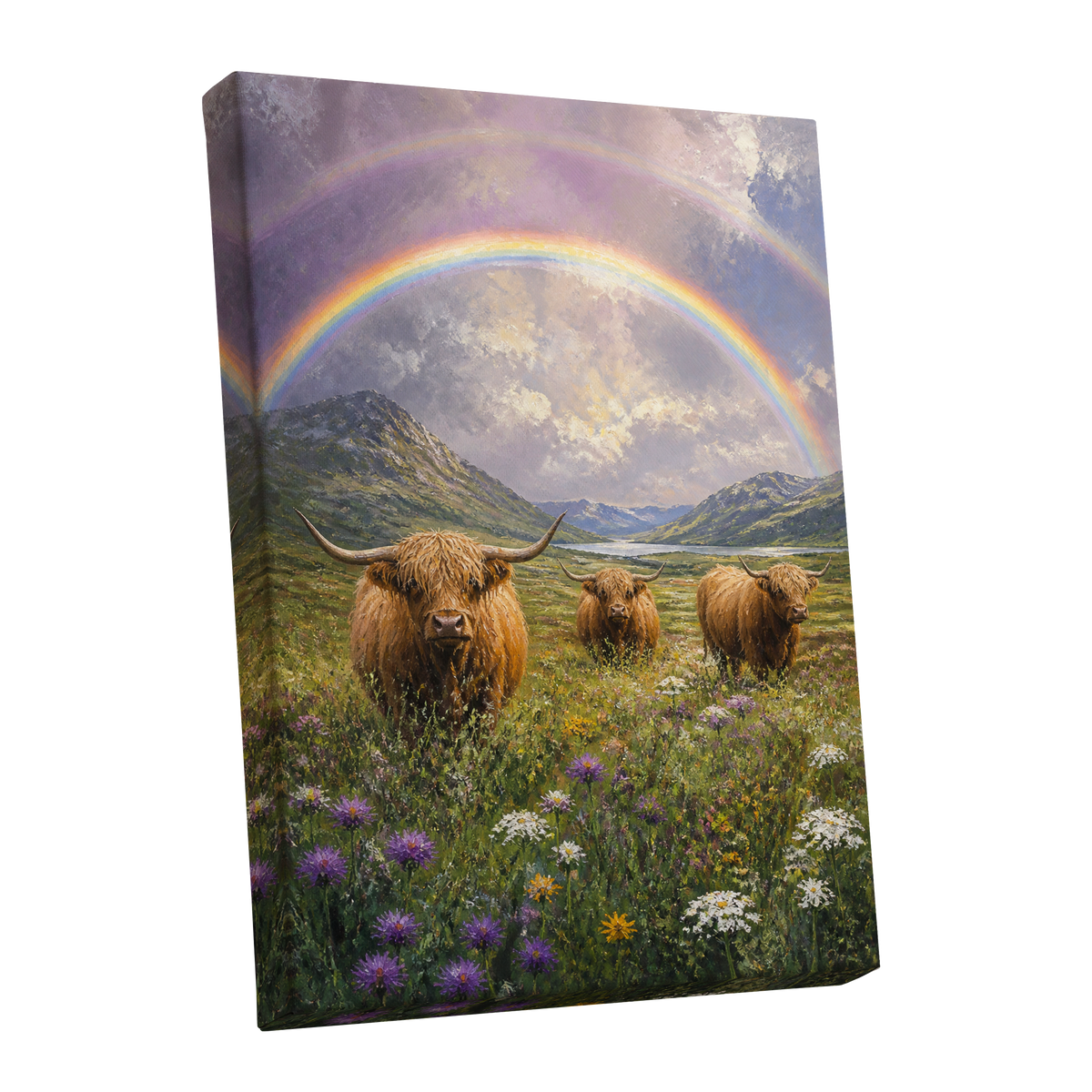 Highland Rainbow Herd, green, brown, purple nature wall art shown as a stretched canvas wall art