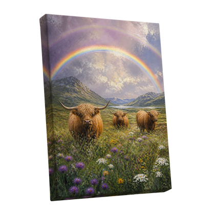 Highland Rainbow Herd, green, brown, purple nature wall art shown as a stretched canvas wall art