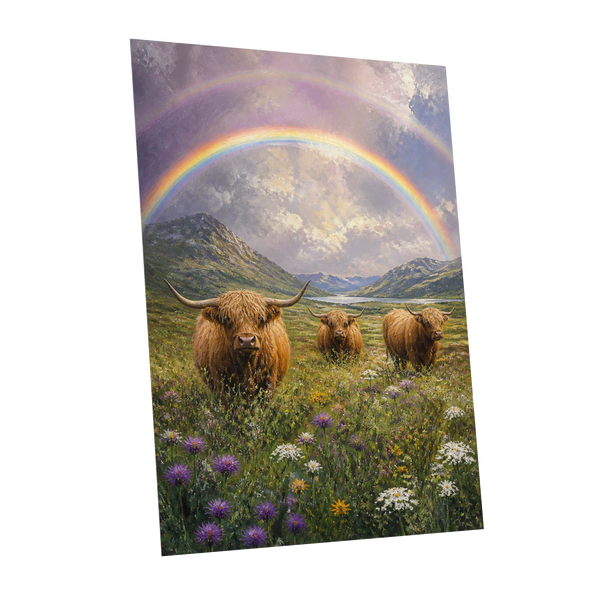 Highland Rainbow Herd, green, brown, purple nature wall art shown as a unframed poster wall art print