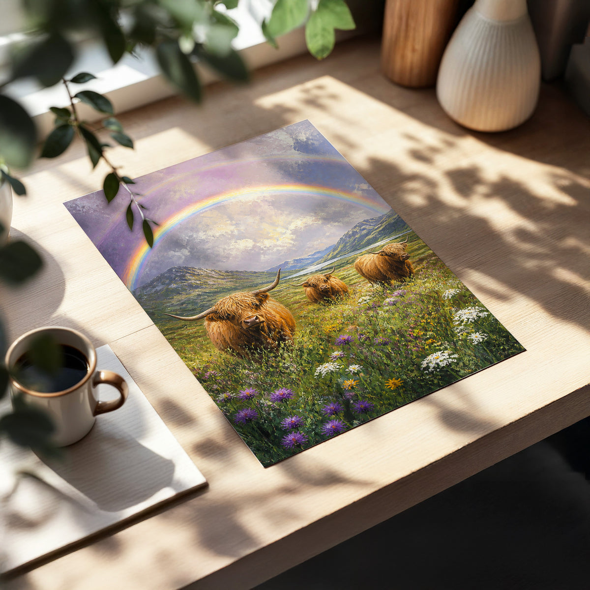 Highland Rainbow Herd, green, brown, purple nature wall art displayed in a styled interior, gallery view 1