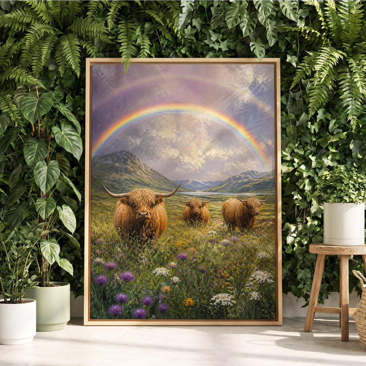 Highland Rainbow Herd, green, brown, purple nature wall art displayed in a styled interior, gallery view 2