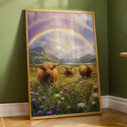 Highland Rainbow Herd, green, brown, purple nature wall art displayed in a styled interior, gallery view 3