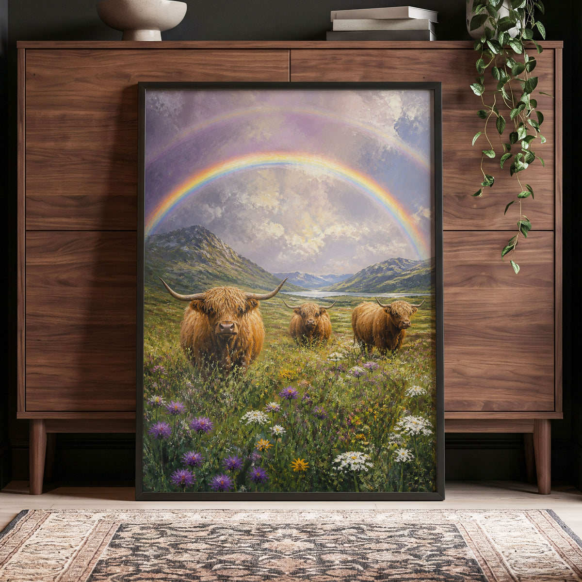 Highland Rainbow Herd, green, brown, purple nature wall art displayed in a styled interior, gallery view 4