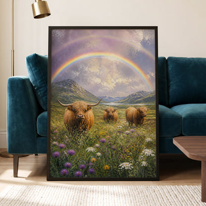 Highland Rainbow Herd, green, brown, purple nature wall art displayed in a styled interior, gallery view 5
