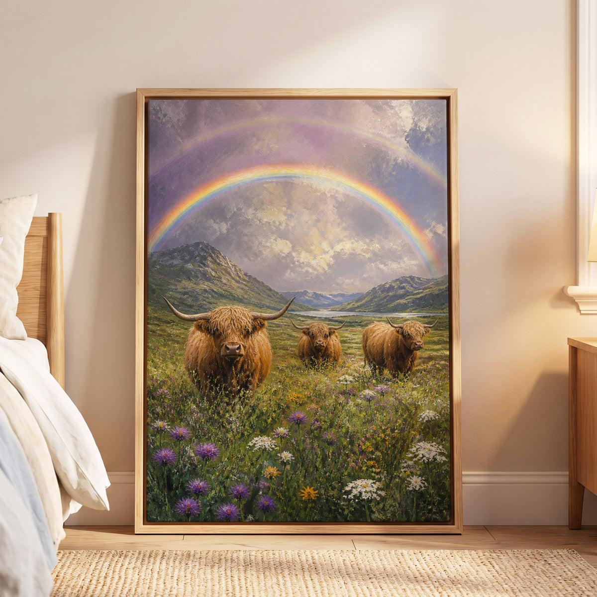 Highland Rainbow Herd, green, brown, purple nature wall art displayed in a styled interior, gallery view 6