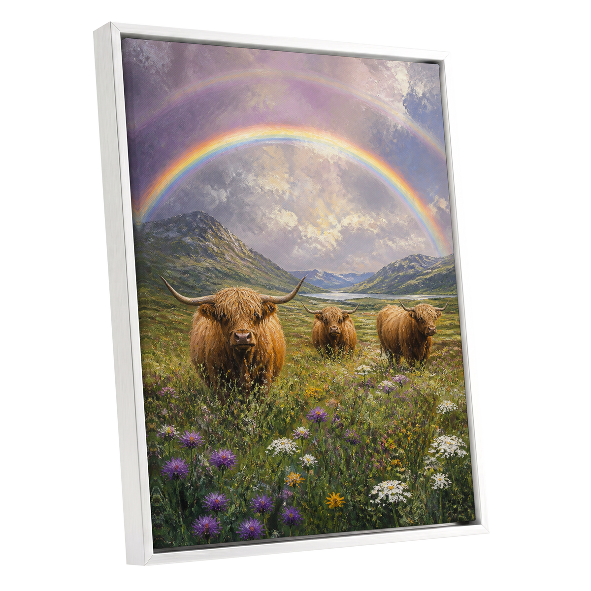 Highland Rainbow Herd, green, brown, purple nature wall art shown as a white framed canvas wall art