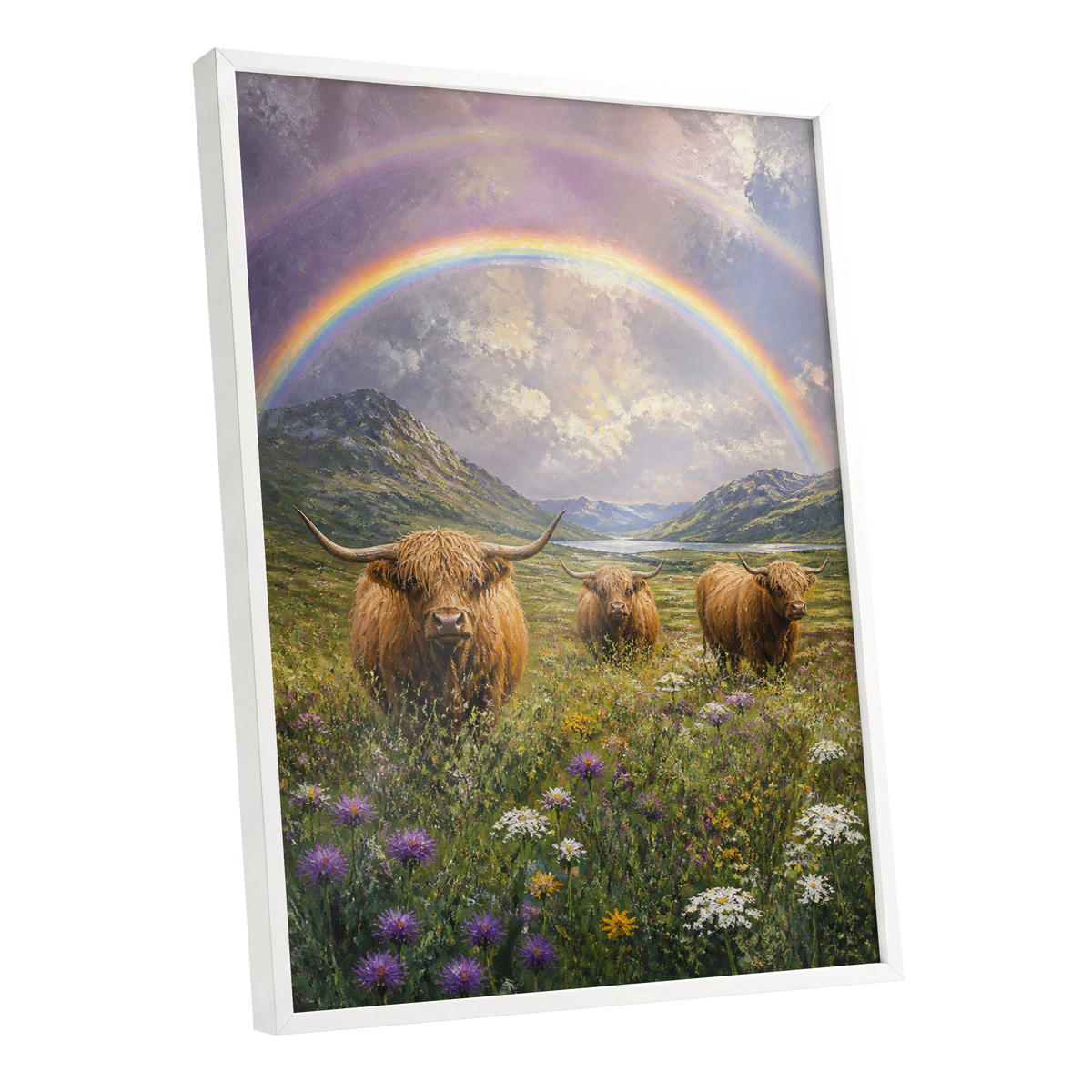 Highland Rainbow Herd, green, brown, purple nature wall art shown as a white framed poster wall art print