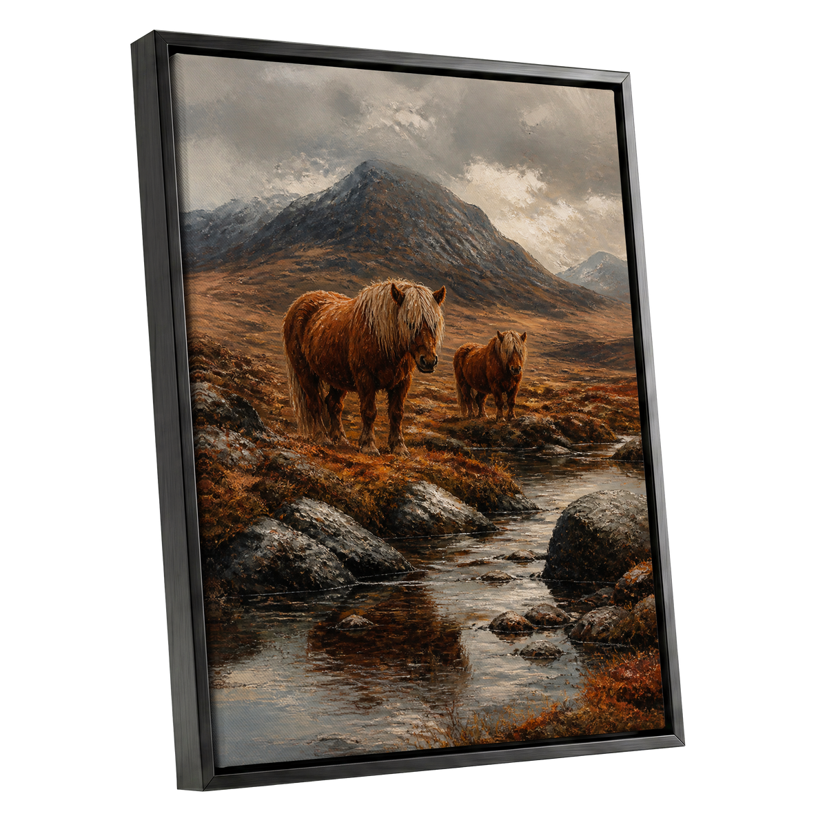 Highland Stillness, brown, gray, orange nature wall art shown as a black framed canvas wall art