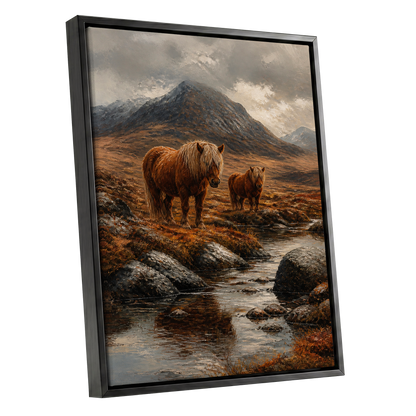 Highland Stillness, brown, gray, orange nature wall art shown as a black framed canvas wall art