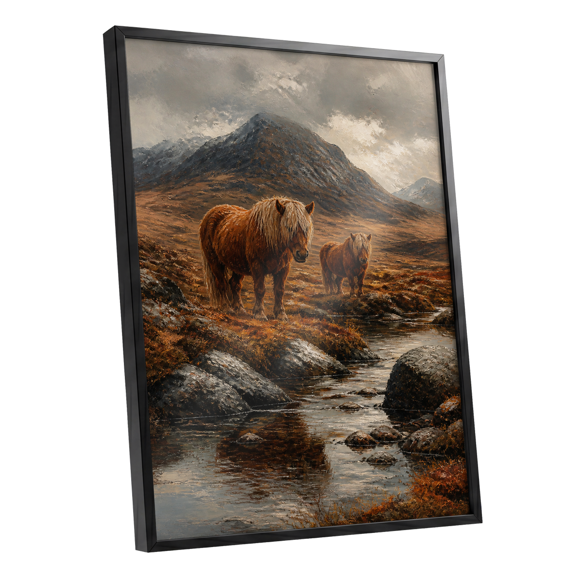 Highland Stillness, brown, gray, orange nature wall art shown as a black framed poster wall art print