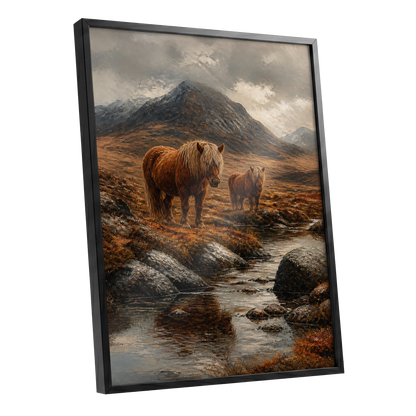 Highland Stillness, brown, gray, orange nature wall art shown as a black framed poster wall art print
