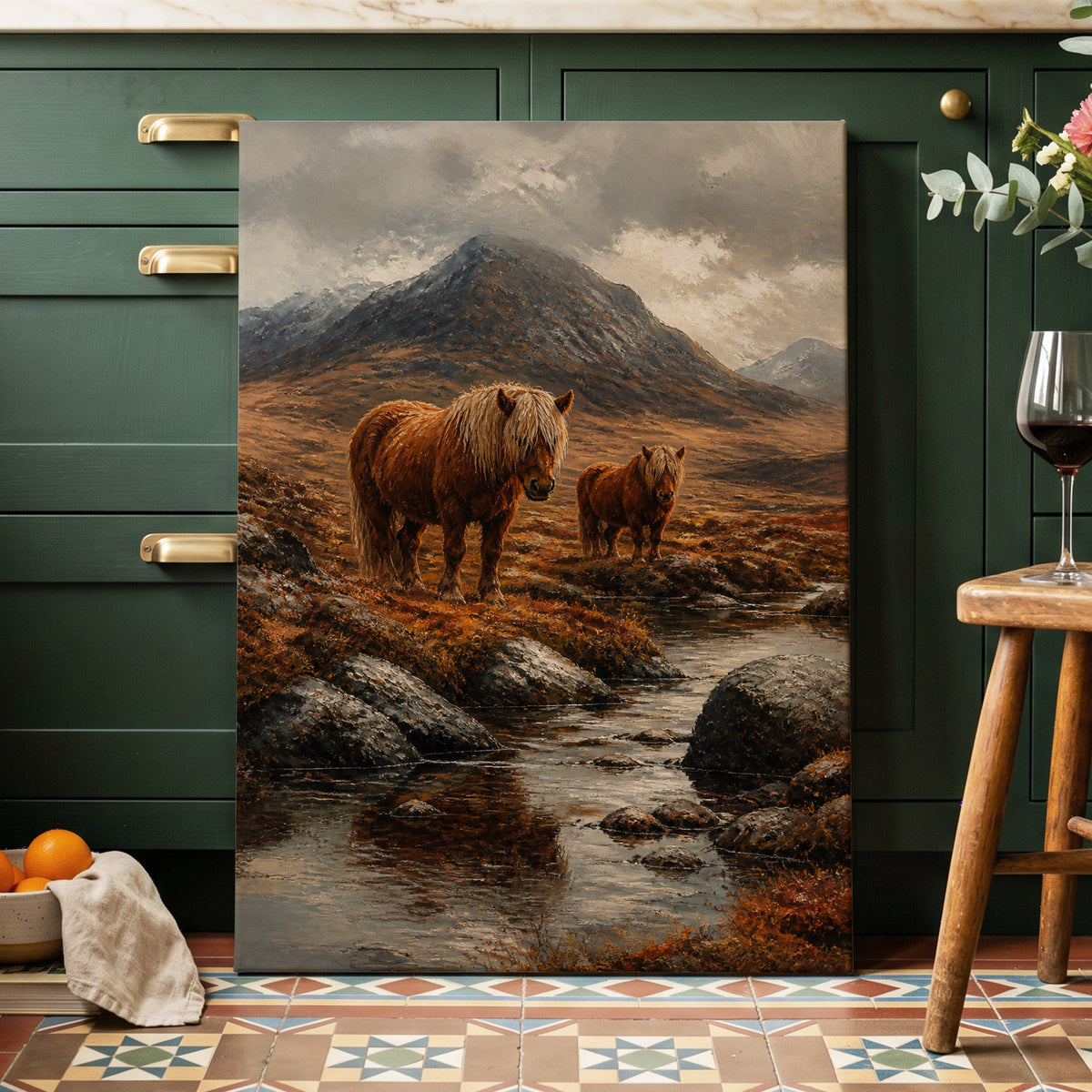Highland Stillness, brown, gray, orange nature wall art on canvas displayed in a styled interior, gallery view 1