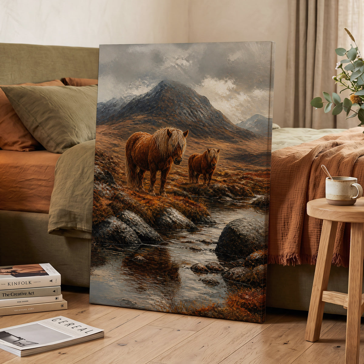 Highland Stillness, brown, gray, orange nature wall art on canvas displayed in a styled interior, gallery view 2