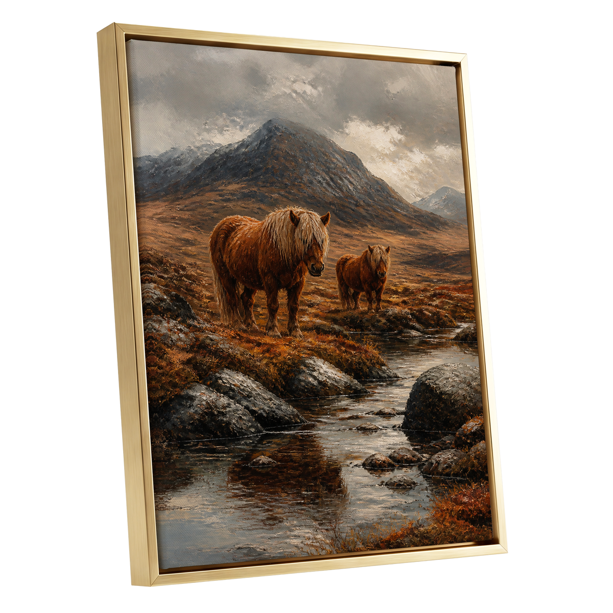 Highland Stillness, brown, gray, orange nature wall art shown as a gold framed canvas wall art