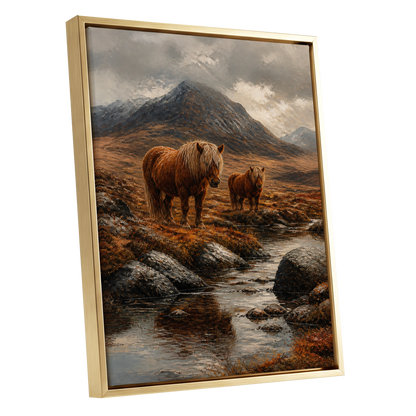 Highland Stillness, brown, gray, orange nature wall art shown as a gold framed canvas wall art