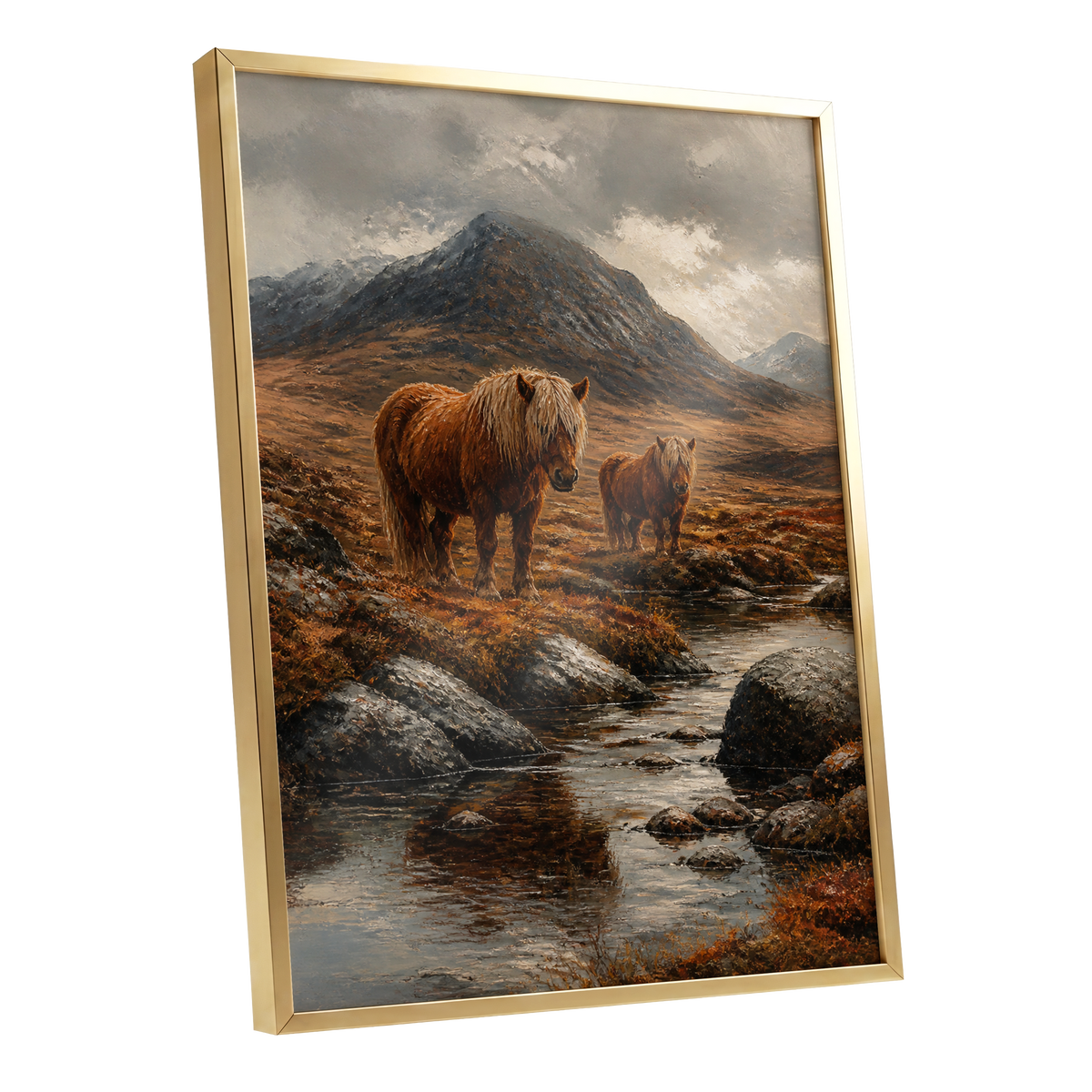 Highland Stillness, brown, gray, orange nature wall art shown as a gold framed poster wall art print