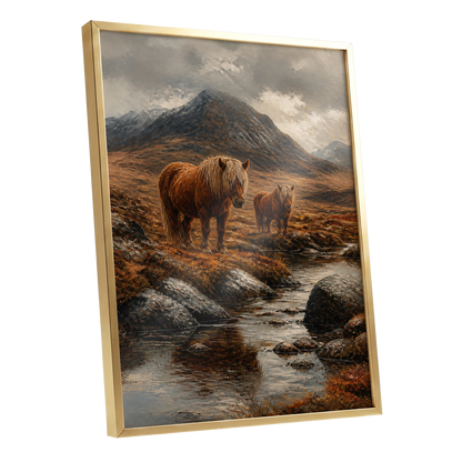 Highland Stillness, brown, gray, orange nature wall art shown as a gold framed poster wall art print