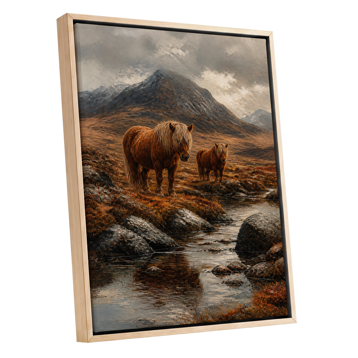 Highland Stillness, brown, gray, orange nature wall art shown as a oak framed canvas wall art