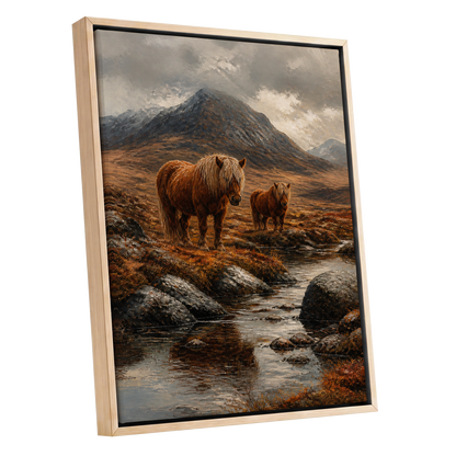 Highland Stillness, brown, gray, orange nature wall art shown as a oak framed canvas wall art