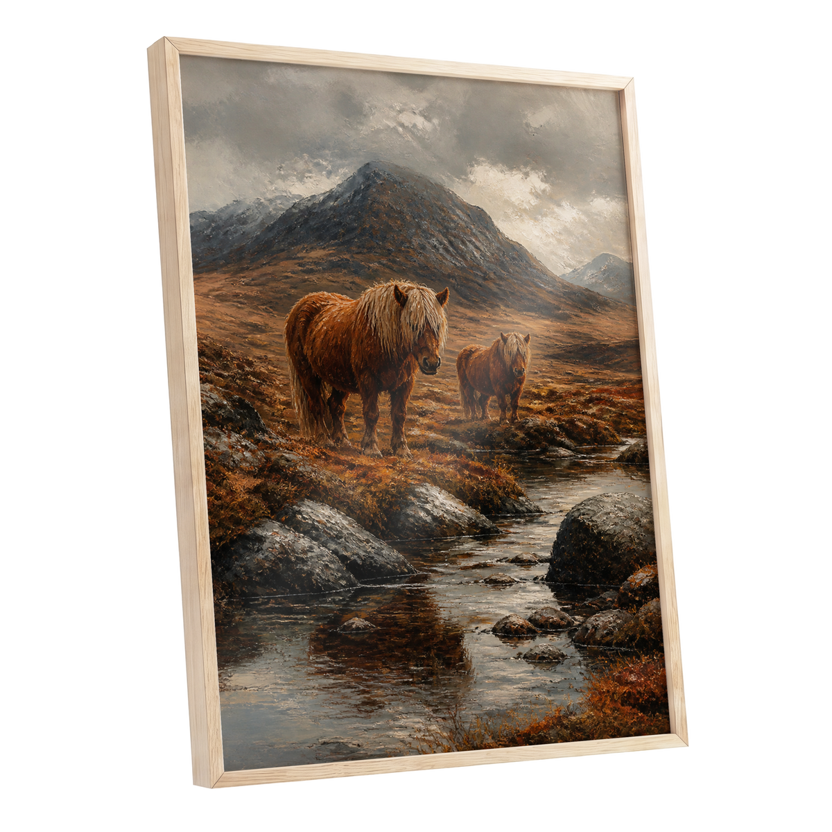 Highland Stillness, brown, gray, orange nature wall art shown as a oak framed poster wall art print