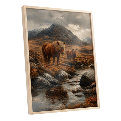 Highland Stillness, brown, gray, orange nature wall art shown as a oak framed poster wall art print