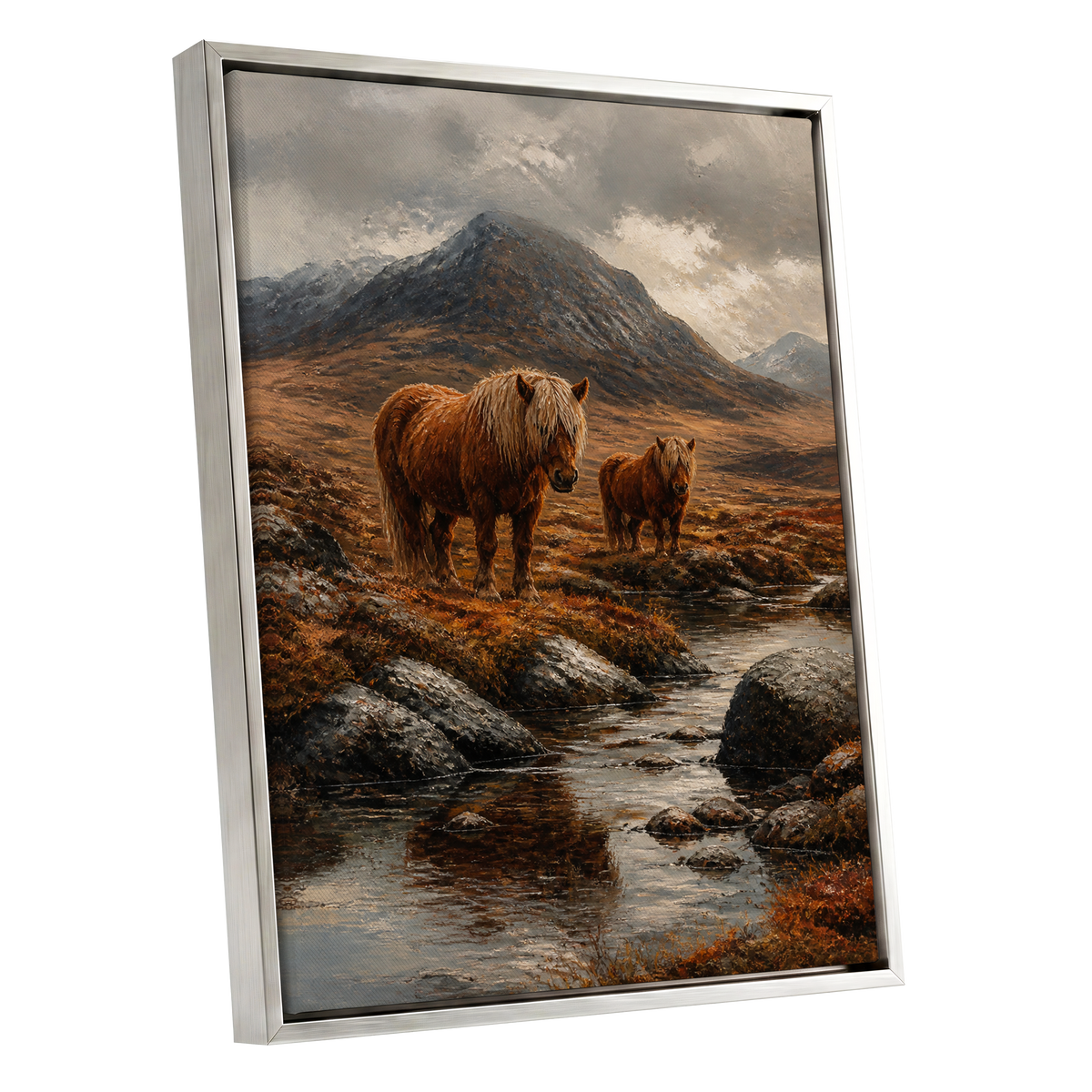 Highland Stillness, brown, gray, orange nature wall art shown as a silver framed canvas wall art