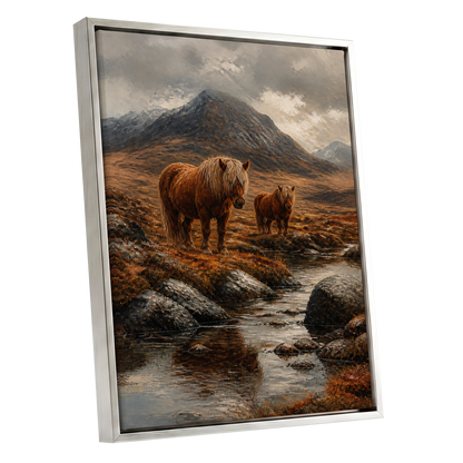 Highland Stillness, brown, gray, orange nature wall art shown as a silver framed canvas wall art