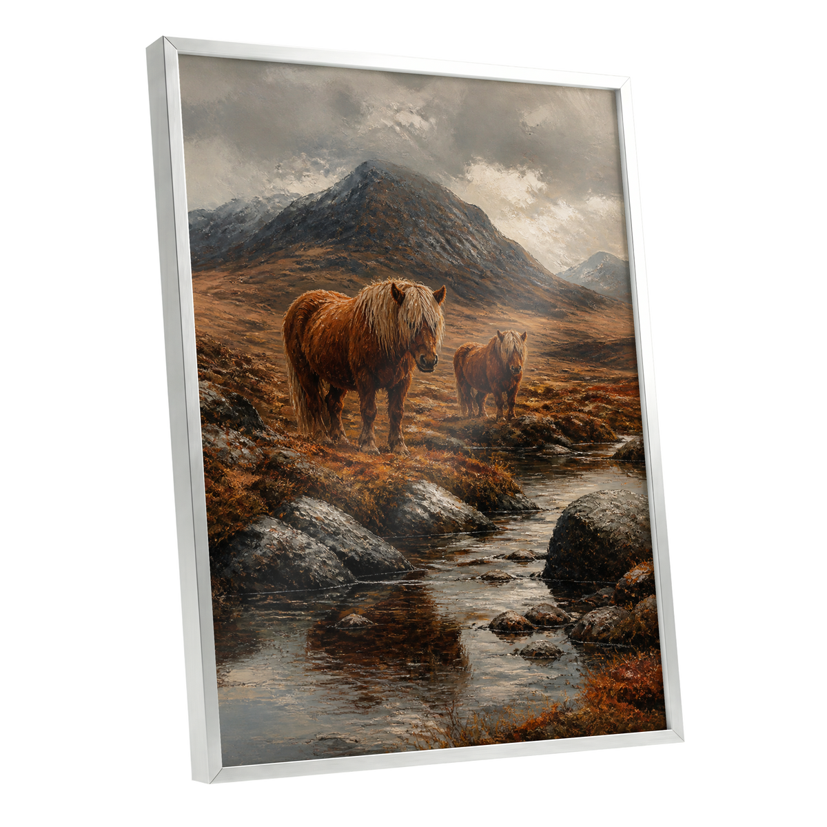 Highland Stillness, brown, gray, orange nature wall art shown as a silver framed poster wall art print