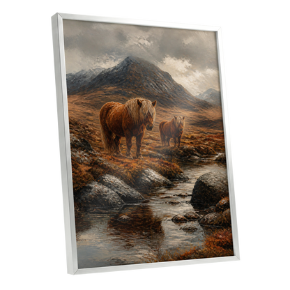 Highland Stillness, brown, gray, orange nature wall art shown as a silver framed poster wall art print