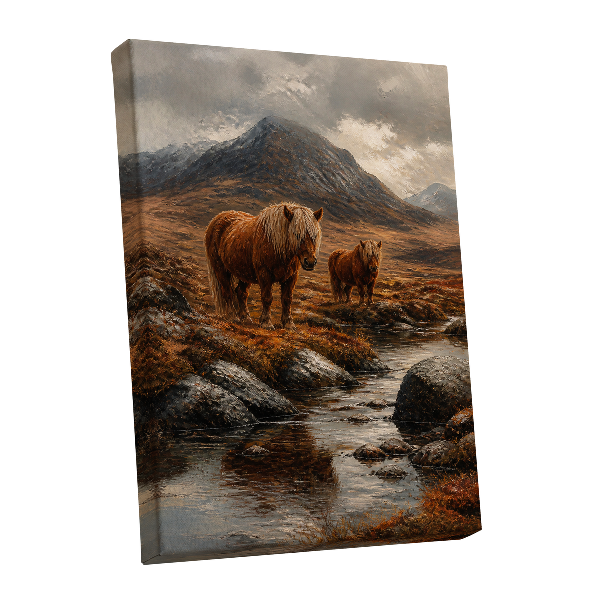 Highland Stillness, brown, gray, orange nature wall art shown as a stretched canvas wall art