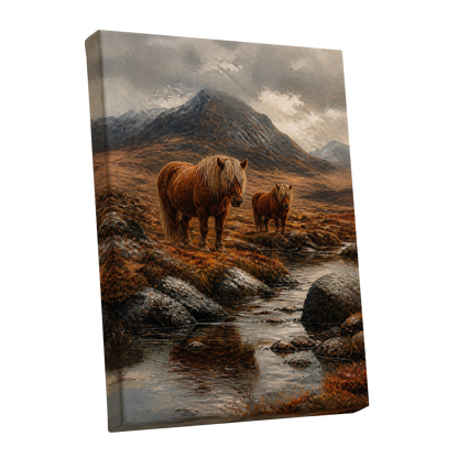 Highland Stillness, brown, gray, orange nature wall art shown as a stretched canvas wall art