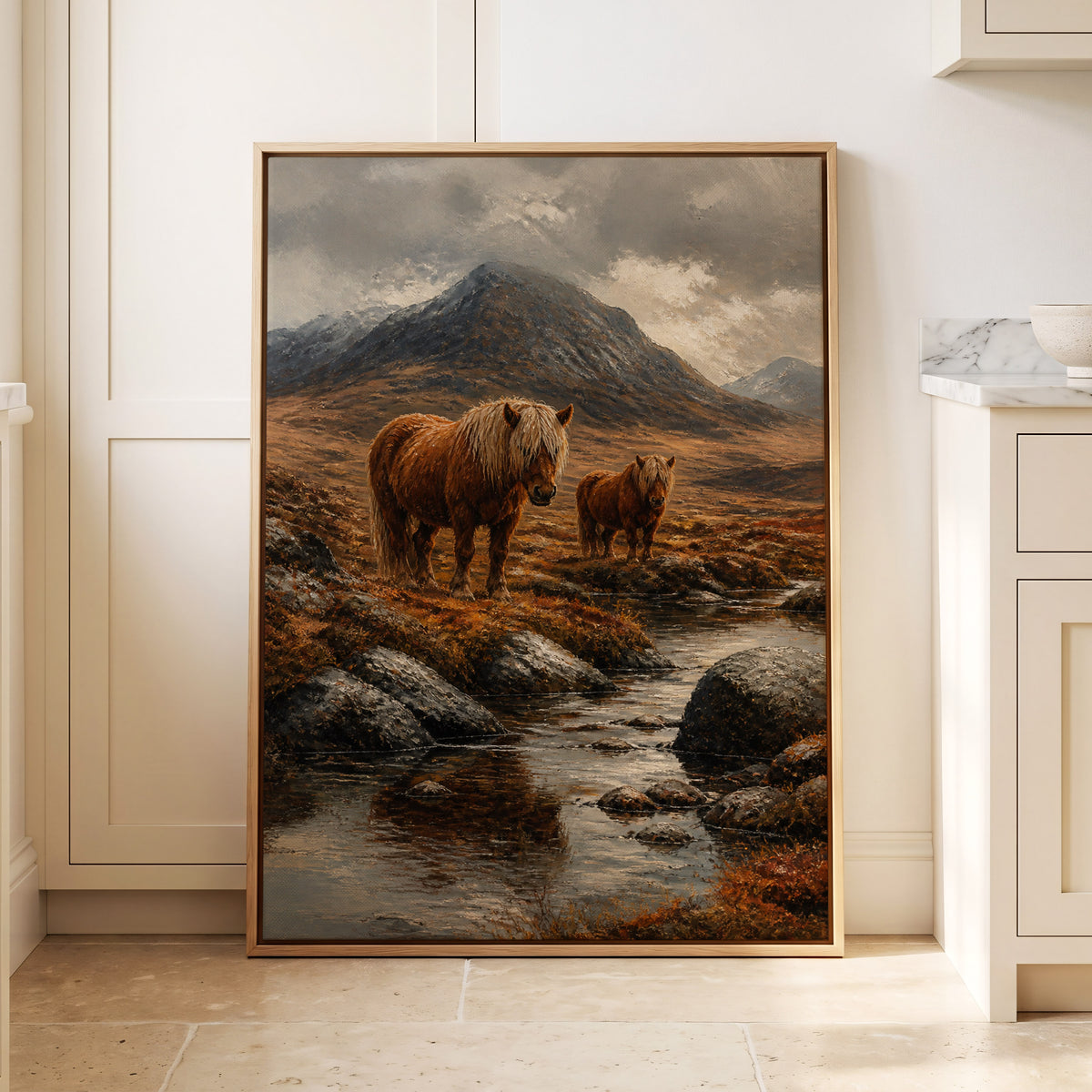 Highland Stillness, brown, gray, orange nature wall art displayed in a styled interior, gallery view 1