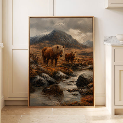 Highland Stillness, brown, gray, orange nature wall art displayed in a styled interior, gallery view 1