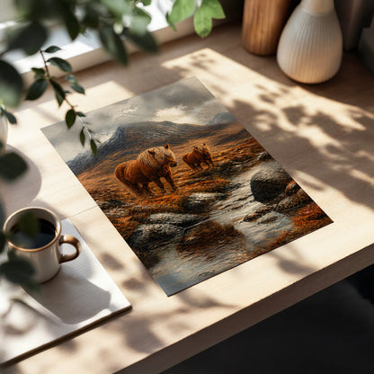 Highland Stillness, brown, gray, orange nature wall art displayed in a styled interior, gallery view 2