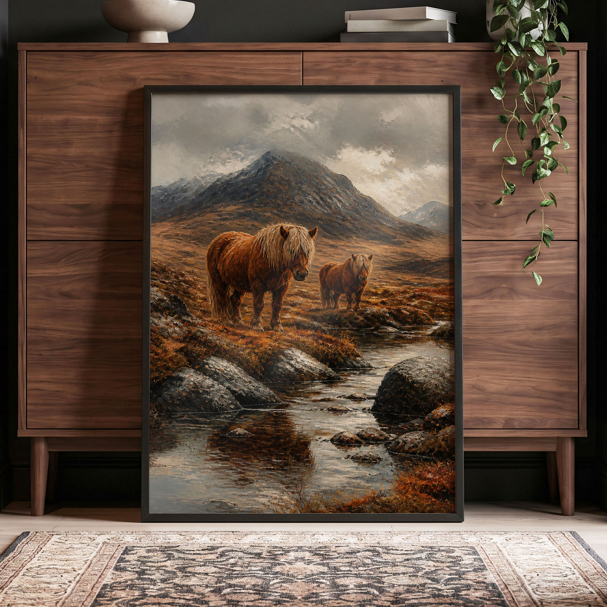 Highland Stillness, brown, gray, orange nature wall art displayed in a styled interior, gallery view 5