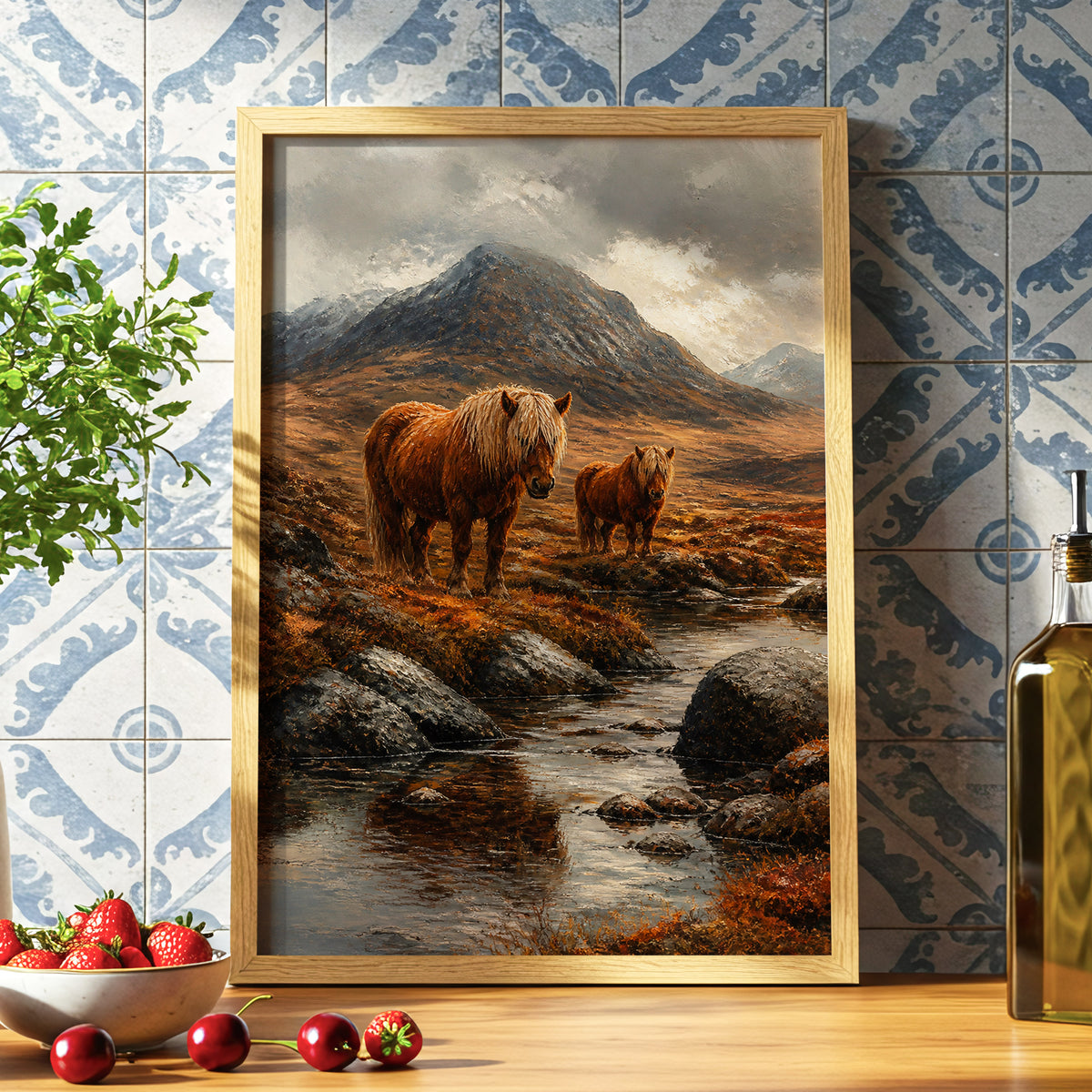 Highland Stillness, brown, gray, orange nature wall art displayed in a styled interior, gallery view 6