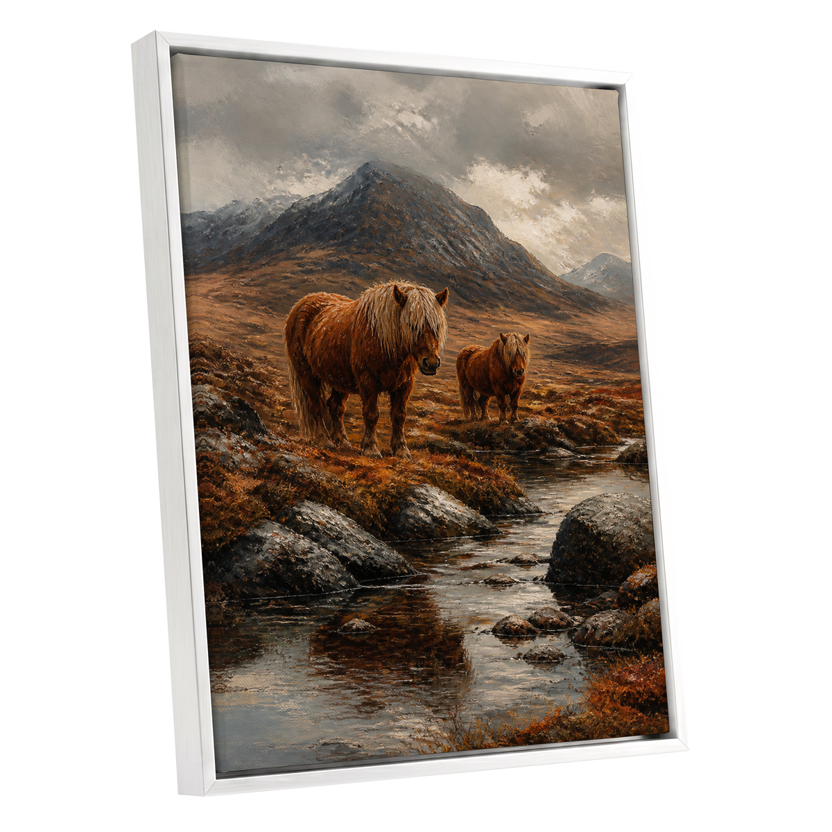 Highland Stillness, brown, gray, orange nature wall art shown as a white framed canvas wall art