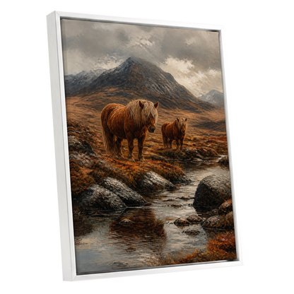 Highland Stillness, brown, gray, orange nature wall art shown as a white framed canvas wall art
