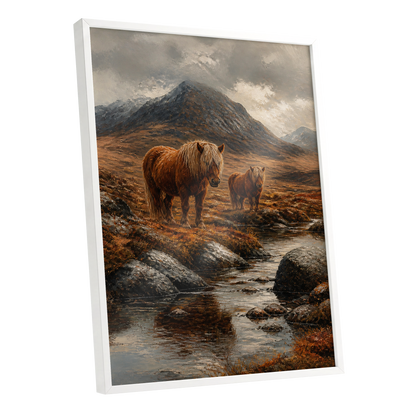 Highland Stillness, brown, gray, orange nature wall art shown as a white framed poster wall art print