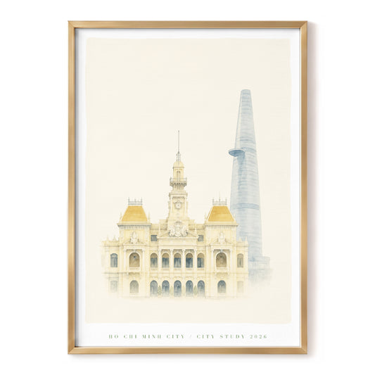Ho Chi Minh City Study, beige, gold, blue minimalist wall art, front artwork view