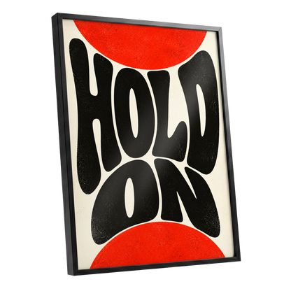 Hold On in Scarlet, black, red, beige abstract wall art shown as a black framed poster wall art print