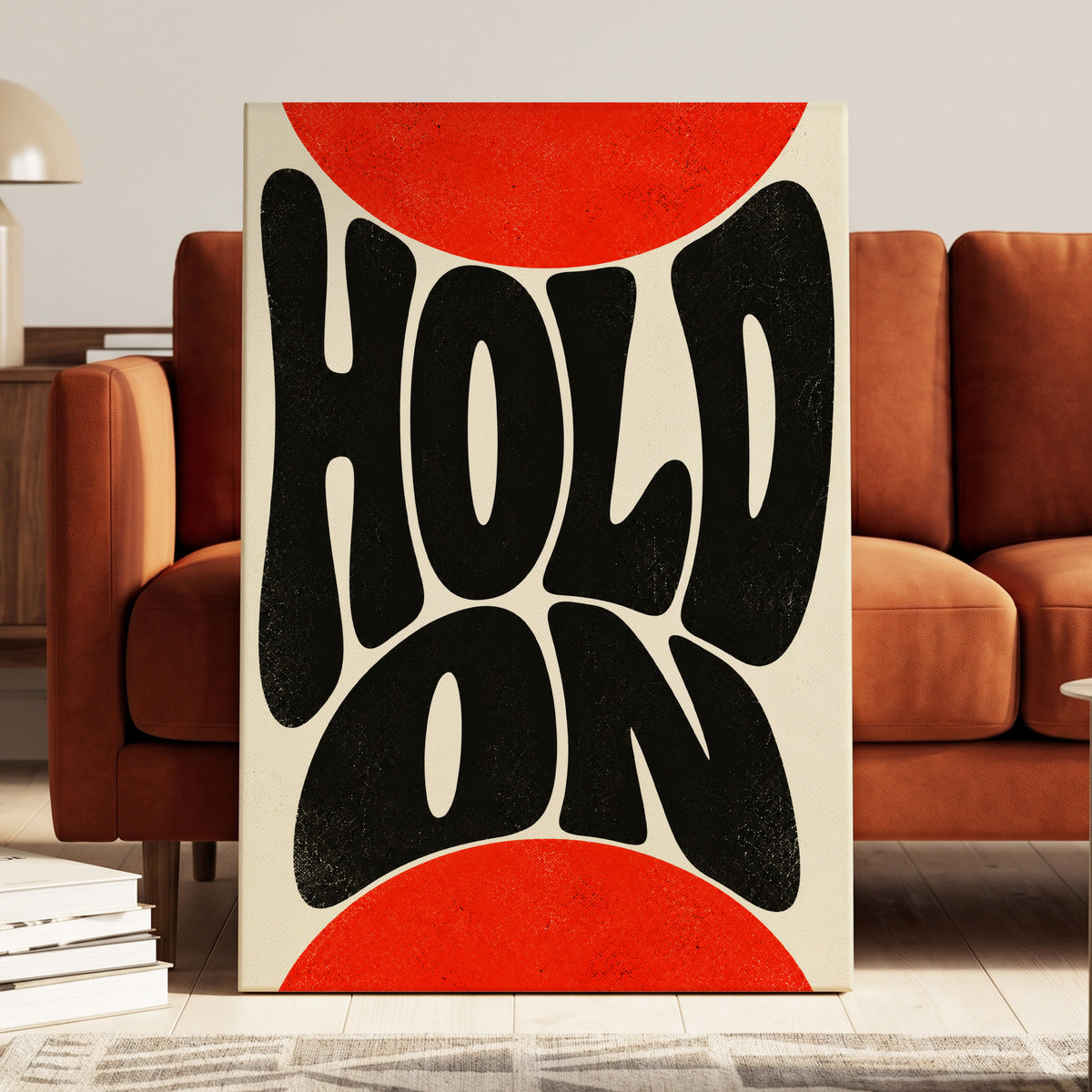 Hold On in Scarlet, black, red, beige abstract wall art on canvas displayed in a styled interior, gallery view 1