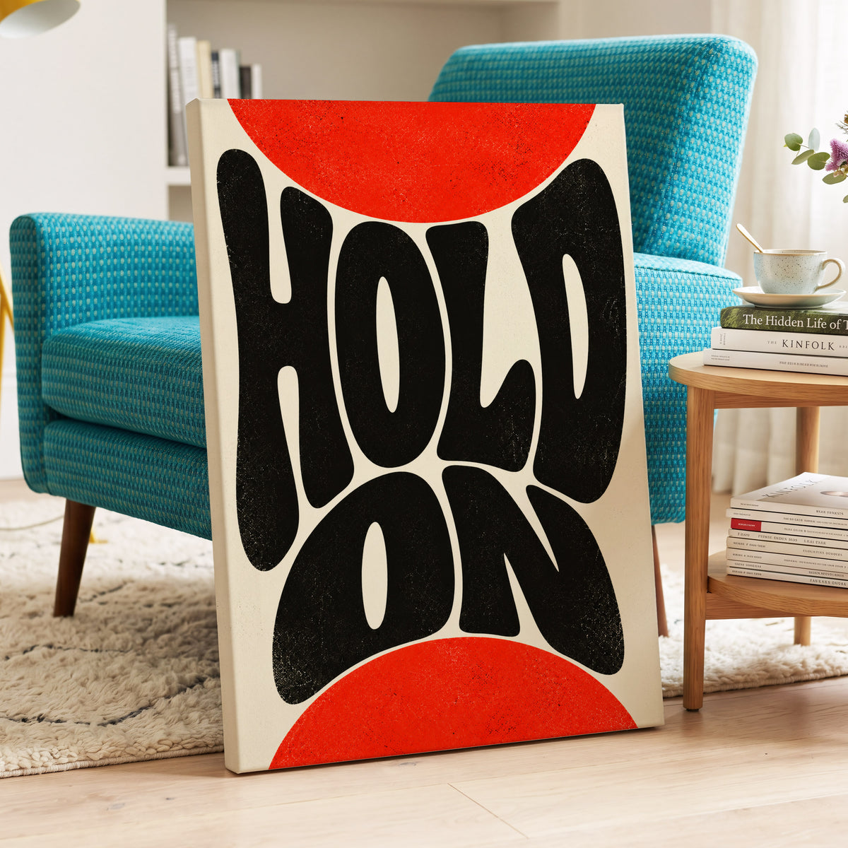 Hold On in Scarlet, black, red, beige abstract wall art on canvas displayed in a styled interior, gallery view 2