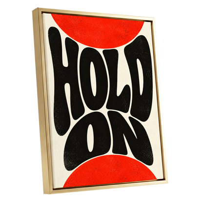 Hold On in Scarlet, black, red, beige abstract wall art shown as a gold framed canvas wall art