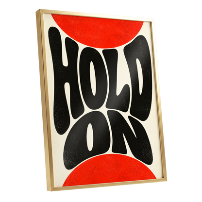 Hold On in Scarlet, black, red, beige abstract wall art shown as a gold framed poster wall art print