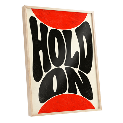 Hold On in Scarlet, black, red, beige abstract wall art shown as a oak framed poster wall art print