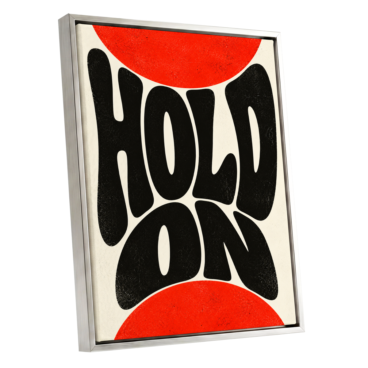 Hold On in Scarlet, black, red, beige abstract wall art shown as a silver framed canvas wall art