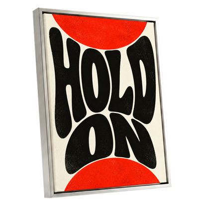 Hold On in Scarlet, black, red, beige abstract wall art shown as a silver framed canvas wall art